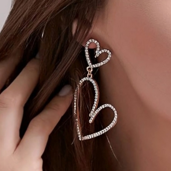 Earrings Rhinestone Double Heart Drop - Picture 1 of 16